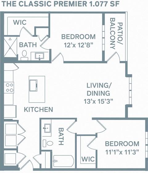 Floor plan for 2 beds, 2 baths, 1077 sqft